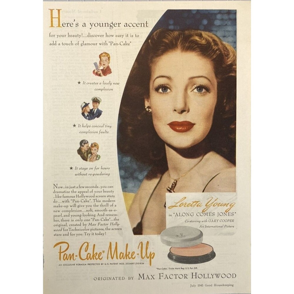 Max Factor Pan Cake Make-Up Loretta Young in "Along Comes Jones" Print Ad 1945